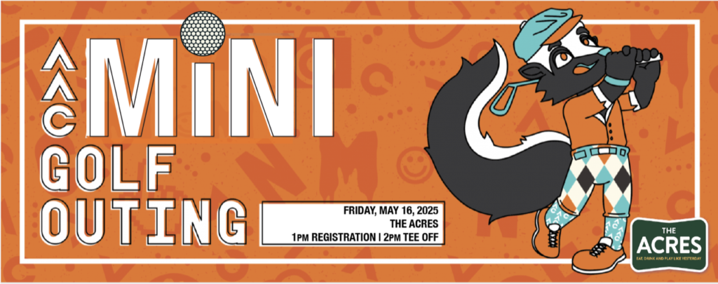 banner that reads "AAC Mini Golf Outing" with a cartoon skunk golfing